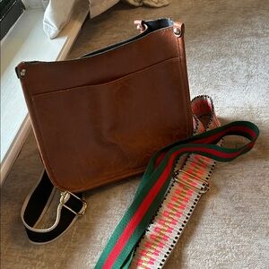 Stylish Brown Bag with Multicolor Strap